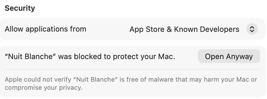 System Settings, Privacy and Security, Security section: “Nuit Blanche” was blocked to protect your Mac, with an Open Anyway button.